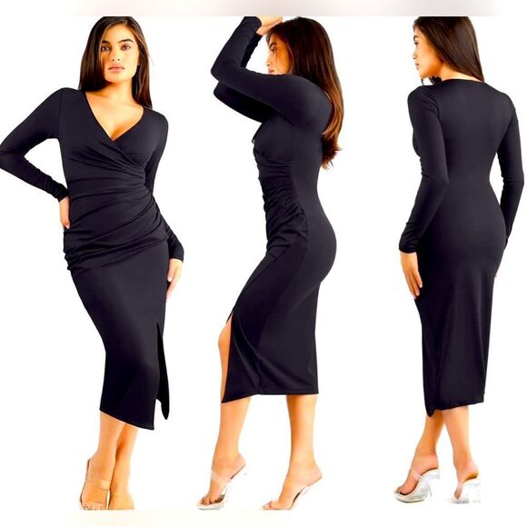 Popilush Shapewear Ruched Long Sleeve Faux Wrap Slimming Midi Dress Size S~NWT - Picture 1 of 7